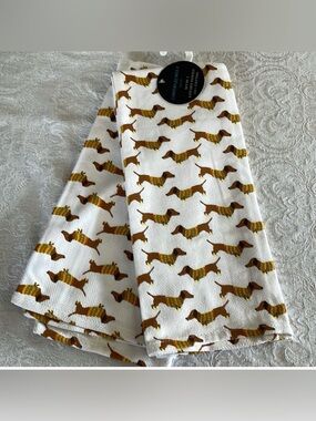 Darling dachshund in sweaters Cynthia Rowley, kitchen towels. Set of 2